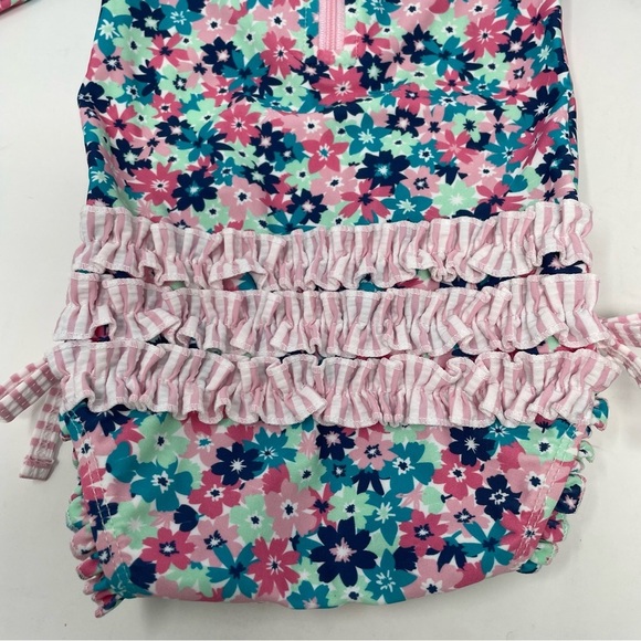 Ruffle Butts Pink Sun Hat and Pink Floral Long Sleeve Swim Suit Infant Baby - Picture 9 of 13